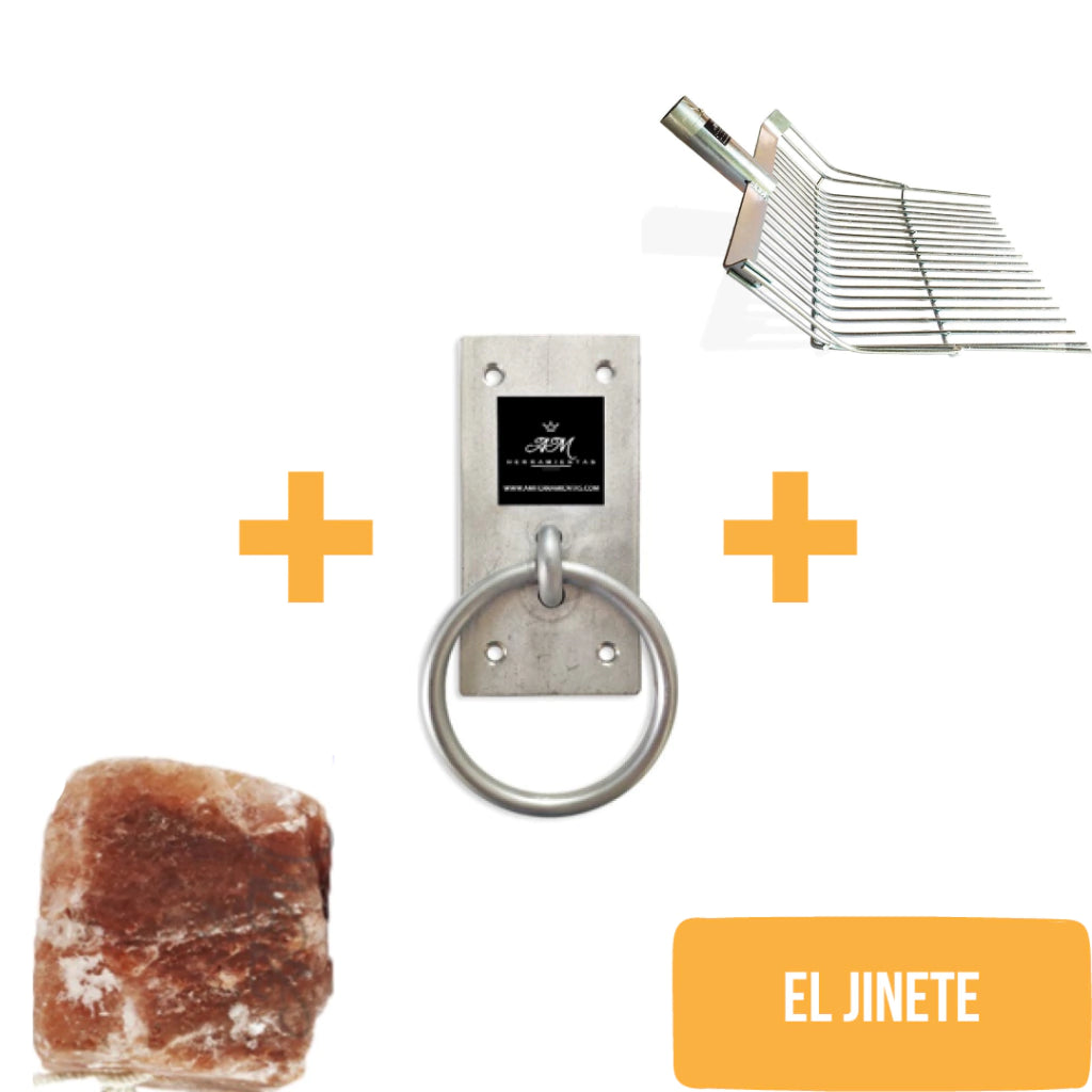 KIT EL JINETE - Sal Rosa del Himalaya para Caballos (Bloque de 2.27kgs) + Argolla de Acero Inoxidable + Bieldo Galvanizado Grande